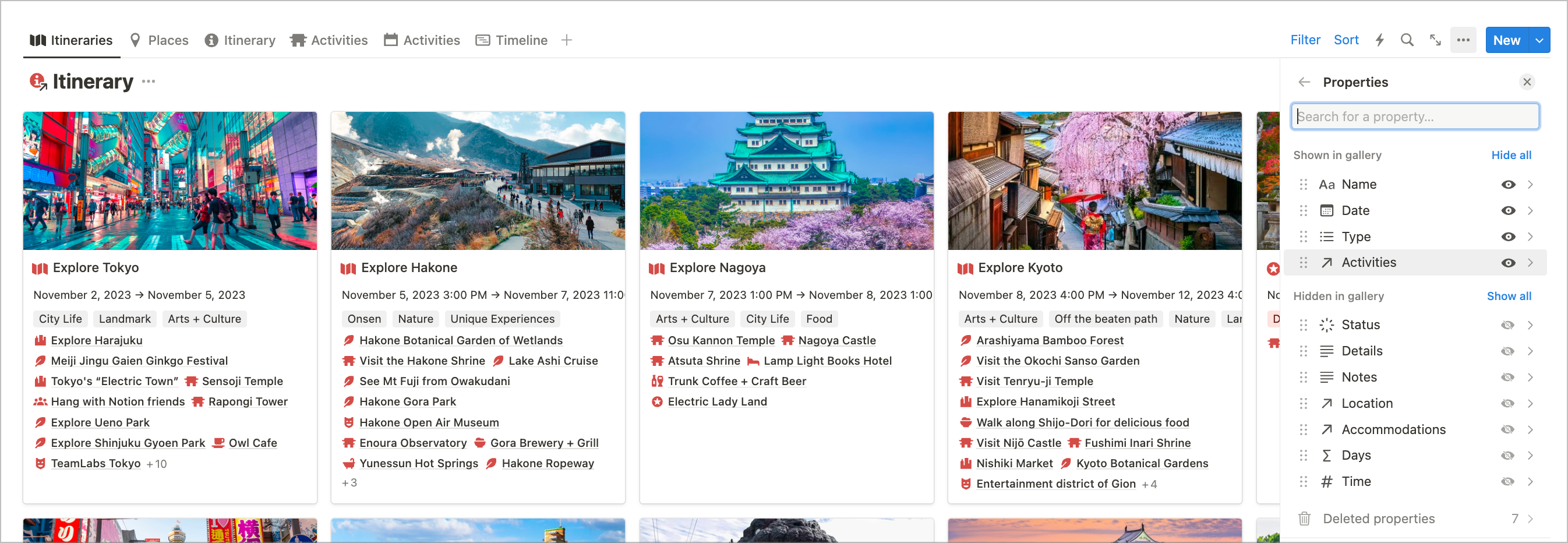 travel itinerary on notion