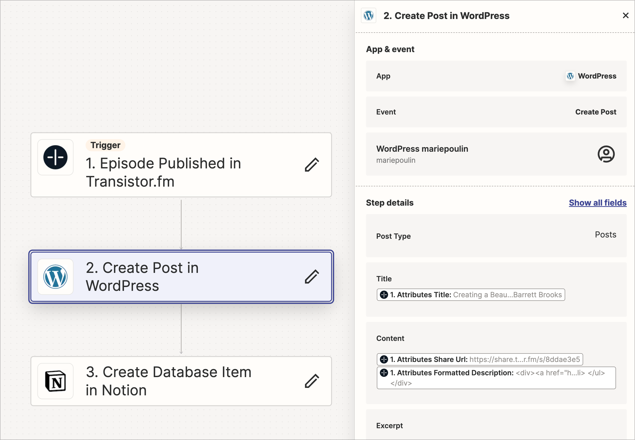 screenshot of Zapier workflow from Transistor to WordPress to Notion